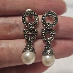 Marcasite Sterling Silver and Pearl Drop Earrings